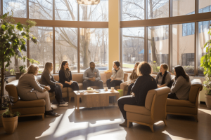A support group meeting for MALS patients and families. People are sitting in a circle, some emotional as they share their stories.
