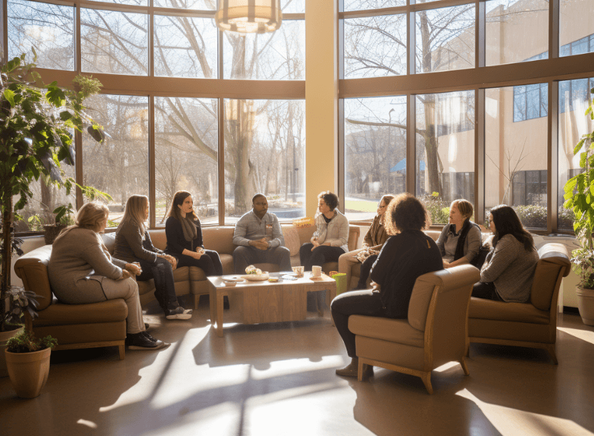 A support group meeting for MALS patients and families. People are sitting in a circle, some emotional as they share their stories.