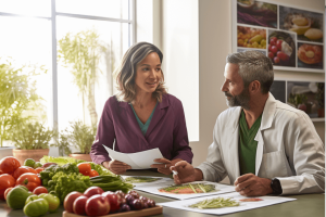 A nutritionist reviewing dietary plans with a MALS patient in a sunny doctor's office
