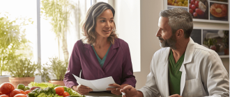 A nutritionist reviewing dietary plans with a MALS patient in a sunny doctor's office