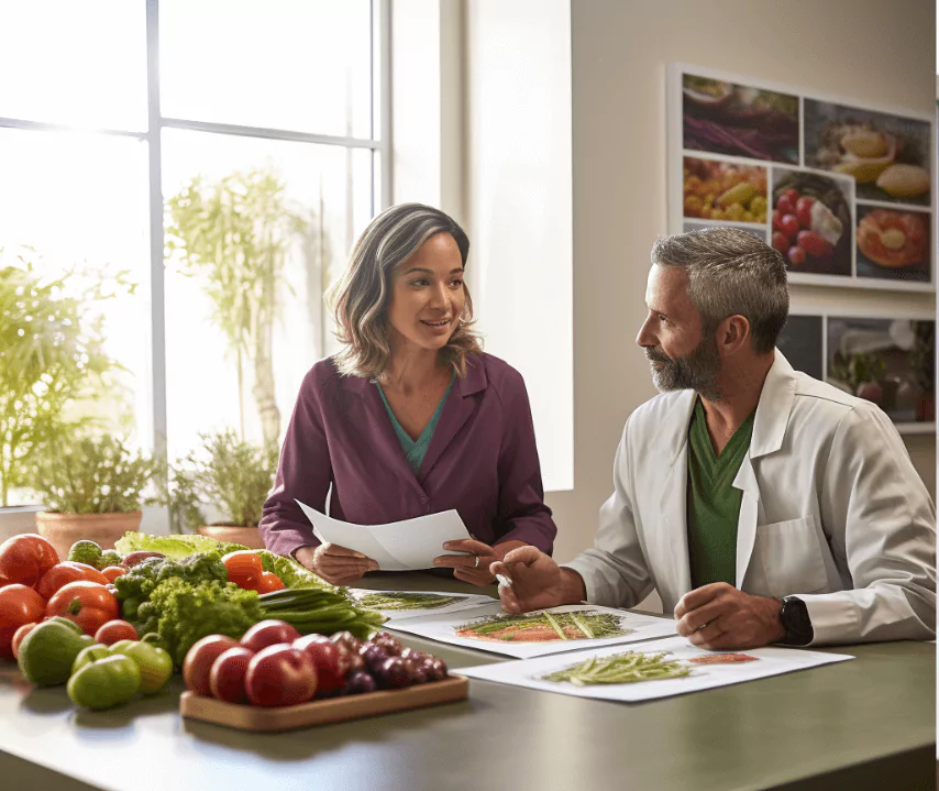 A nutritionist reviewing dietary plans with a MALS patient in a sunny doctor's office