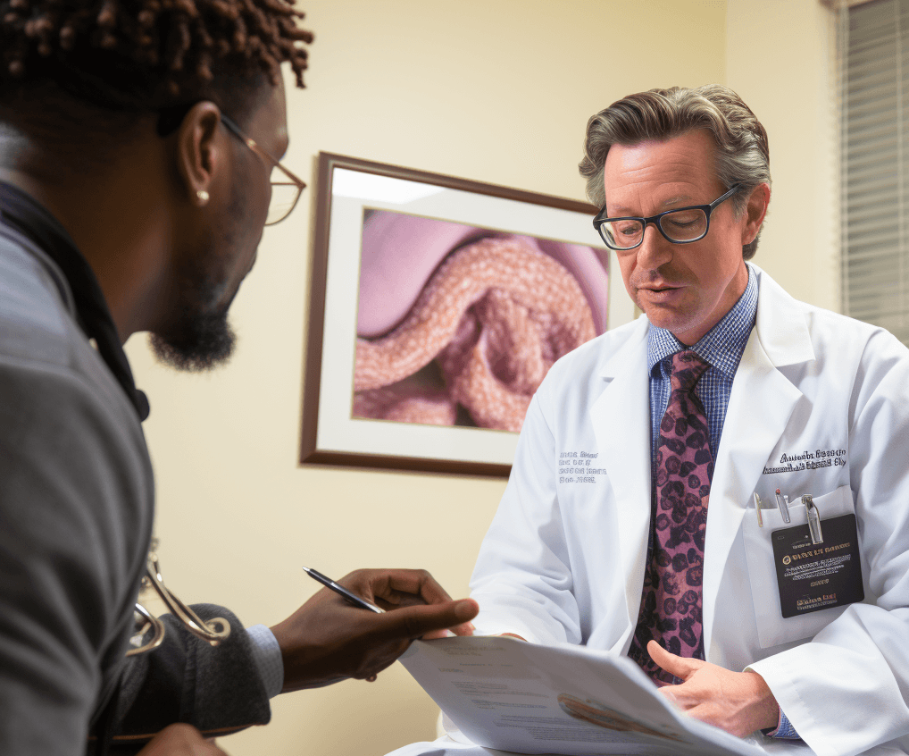 A doctor explaining colonoscopy biopsy results to a patient