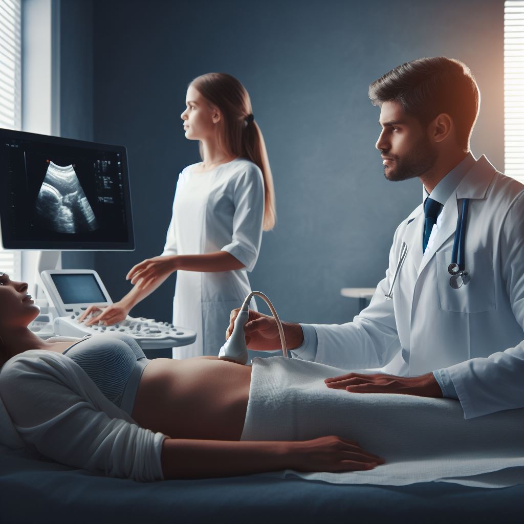 A young female patient and an experienced doctor are in the ultrasound diagnostic office