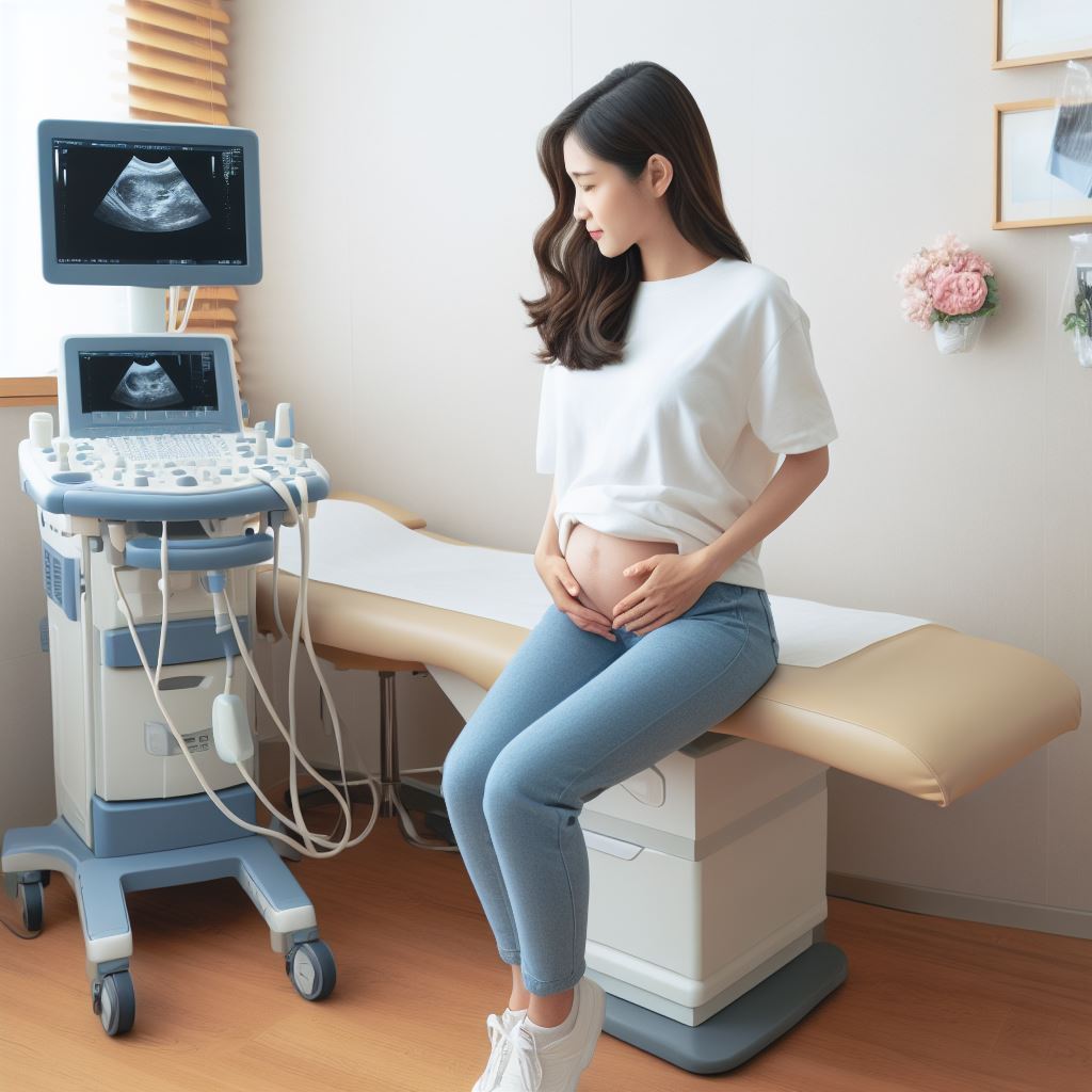 A female patient entering a gynecologist's office where ultrasound equipment for pelvic examinations can be seen.