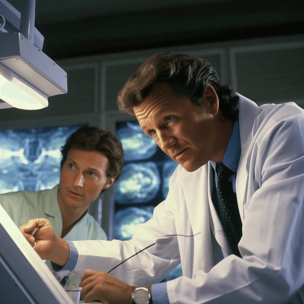 A physician in a white coat advises the patient about potential risks before barium-weighted fluoroscopy of the esophagus and stomach.