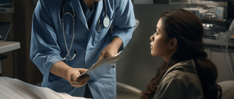 The doctor conducts a consultation with the patient, explaining the rules of preparation for the ultrasound examination of the gallbladder.