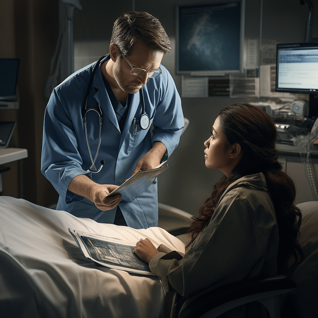 The doctor conducts a consultation with the patient, explaining the rules of preparation for the ultrasound examination of the gallbladder.