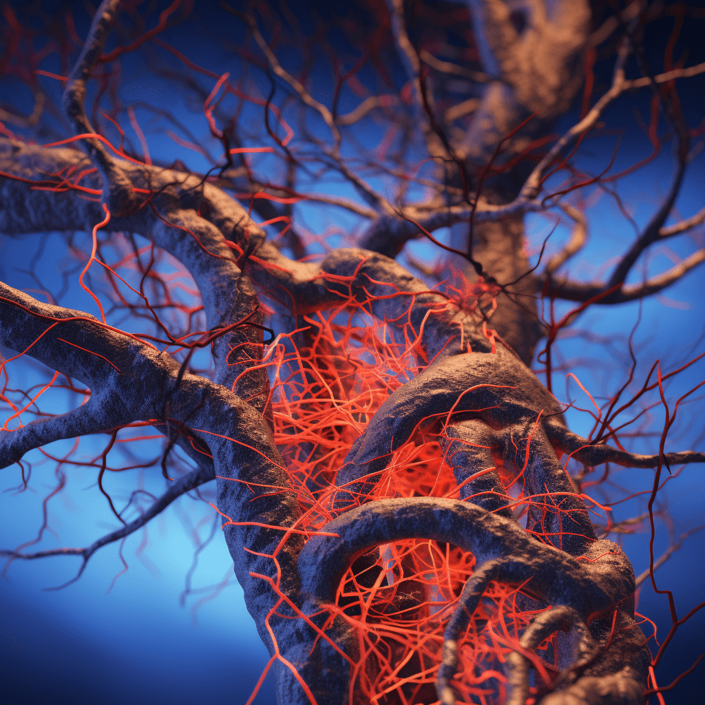 The celiac artery and its branches in the human abdomen.