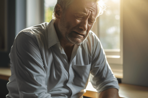 Close-up portrait of an elderly man writhing in pain