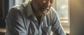 Close-up portrait of an elderly man writhing in pain