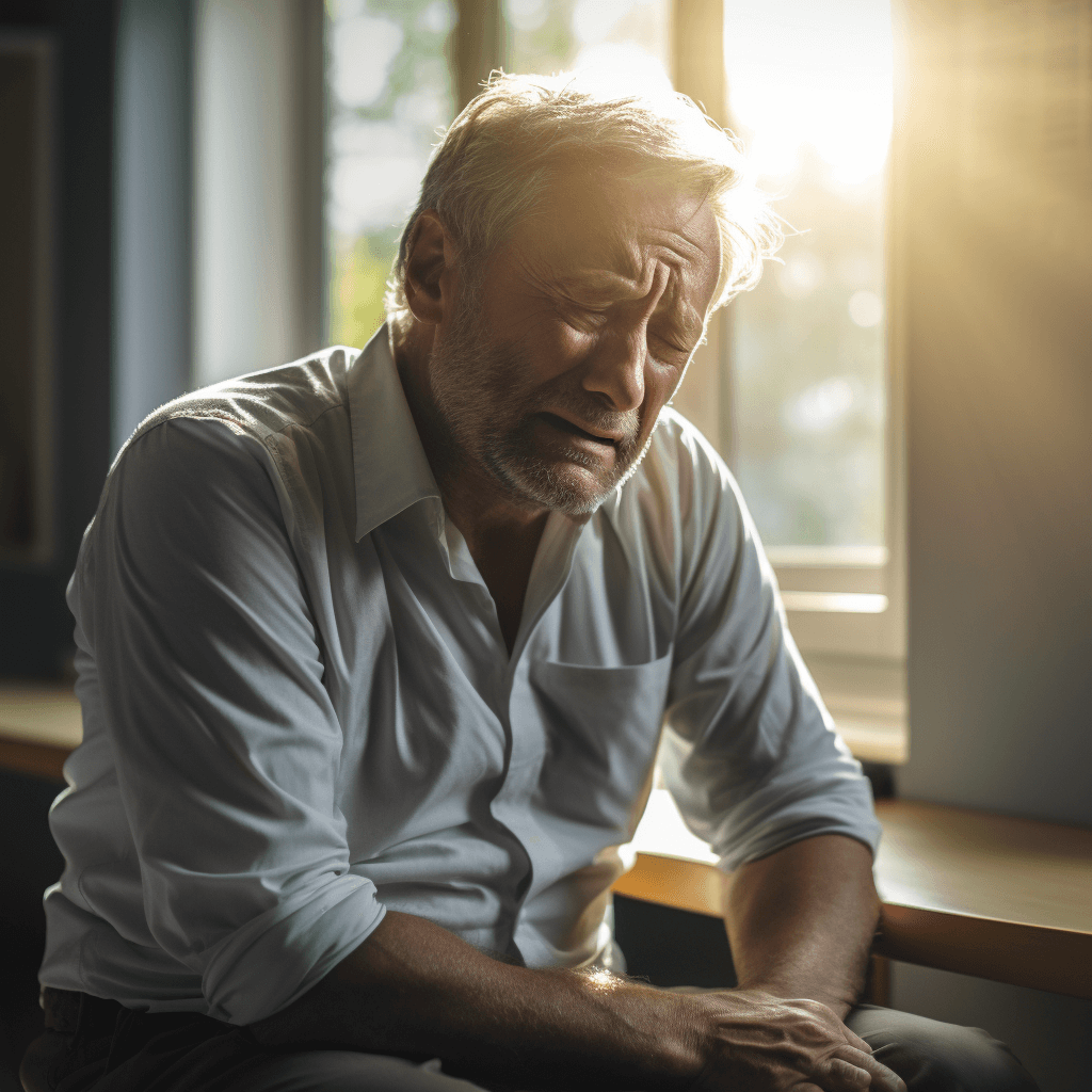 Close-up portrait of an elderly man writhing in pain 