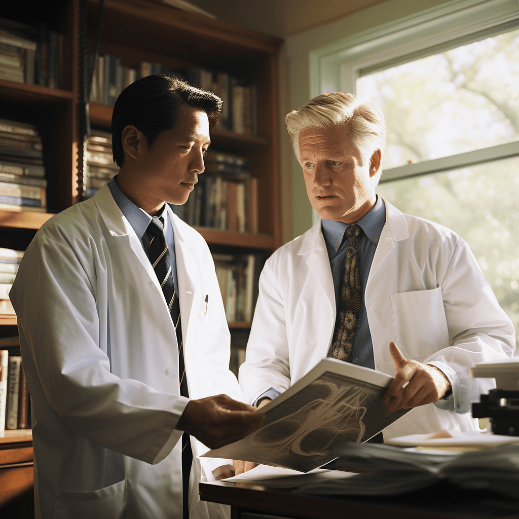 two doctors discussing gastric ulcers in the clinic