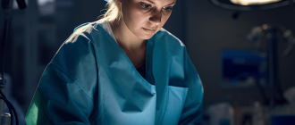 A dramatic portrait of a female surgeon in a gown