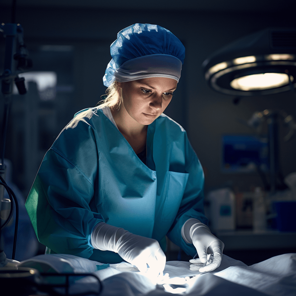 A dramatic portrait of a female surgeon in a gown
