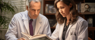 two doctors examine a report of damaged blood vessels and tissue.