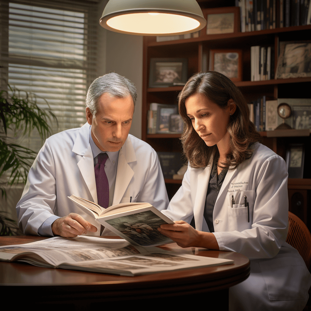two doctors examine a report of damaged blood vessels and tissue.