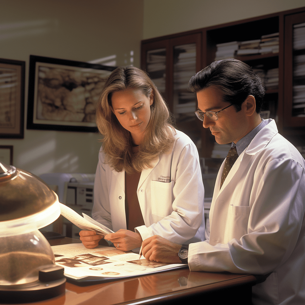 two physicians scrutinize the medical records of a patient with an ulcer due to NSAIDs