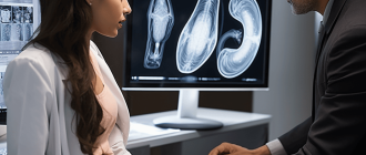 A gynecologist discussing ultrasound findings of a female patient with a colleague, images of her uterus visible on the screen