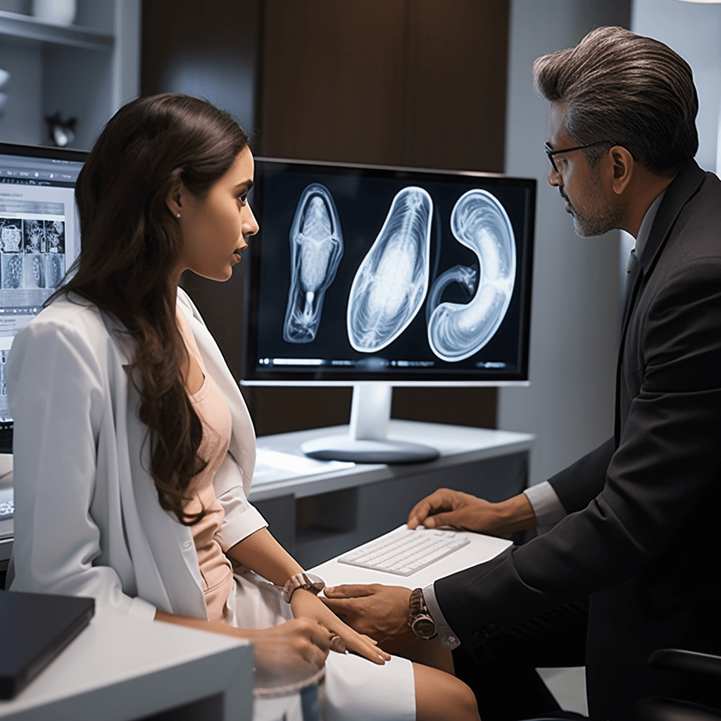 A gynecologist discussing ultrasound findings of a female patient with a colleague, images of her uterus visible on the screen