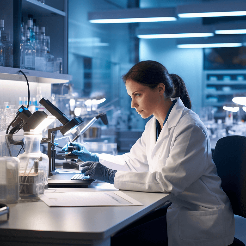 A microbiologist examines a biopsy of gastric mucosa under a microscope for Helicobacter pylori