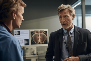 A middle-aged man is talking to a vascular surgeon in his office.