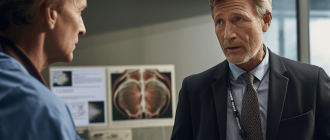 A middle-aged man is talking to a vascular surgeon in his office.