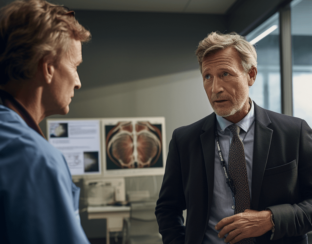 A middle-aged man is talking to a vascular surgeon in his office.