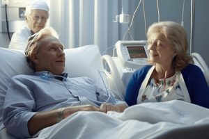 A middle-aged man lies in a hospital bed after successful angioplasty of a stenosis of the glomerular trunk.