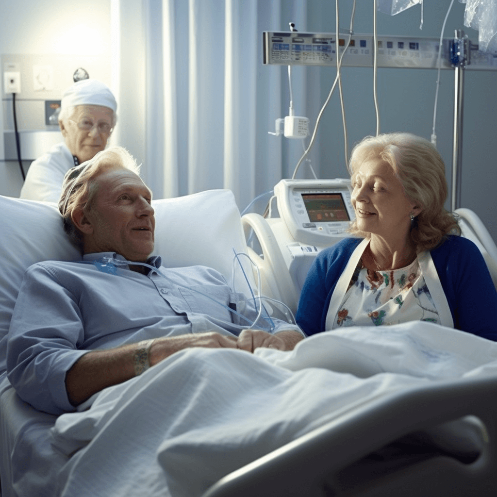 A middle-aged man lies in a hospital bed after successful angioplasty of a stenosis of the glomerular trunk.