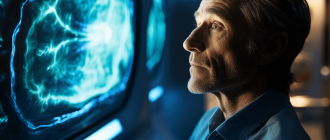 A middle-aged man stares pensively at a CT scan image