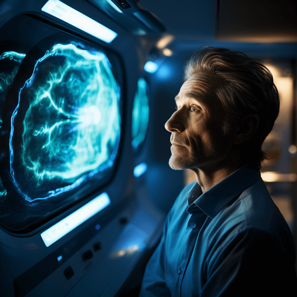 A middle-aged man stares pensively at a CT scan image