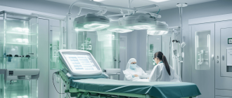 A photograph of a treatment room in a medical center lit by bright daylight bulbs