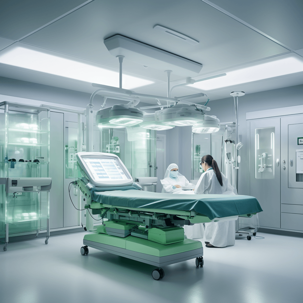 A photograph of a treatment room in a medical center lit by bright daylight bulbs