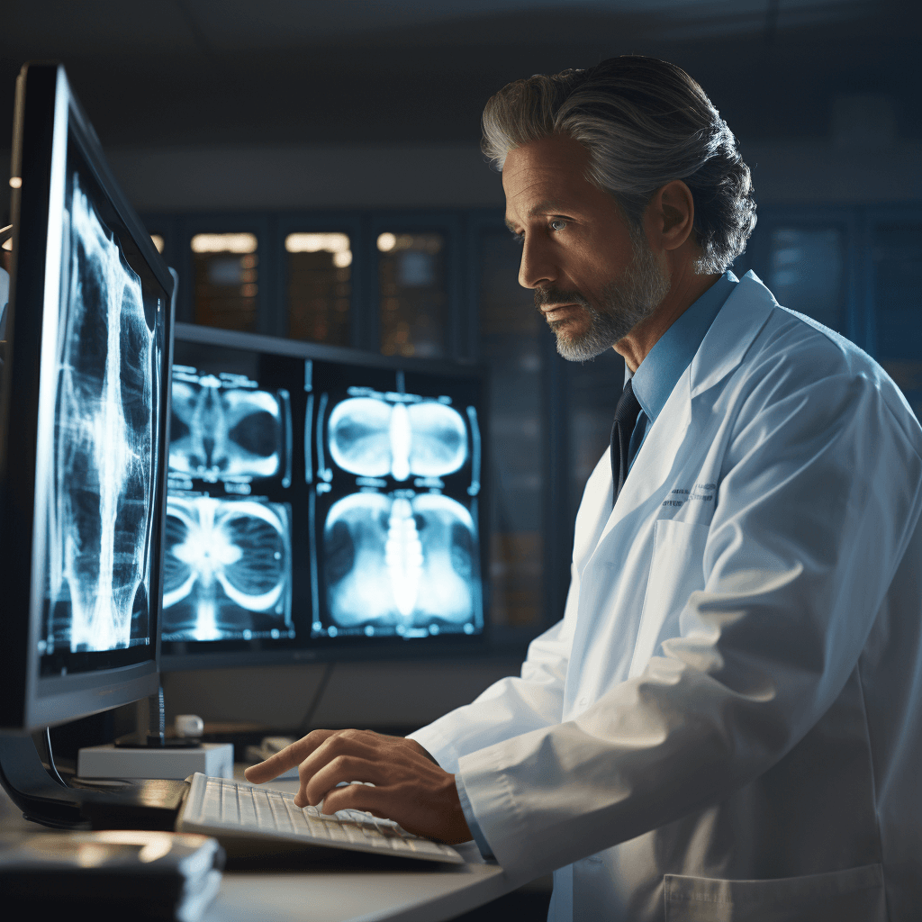 A radiologist analyzes images of a patient's esophagus and stomach after various diagnostic methods