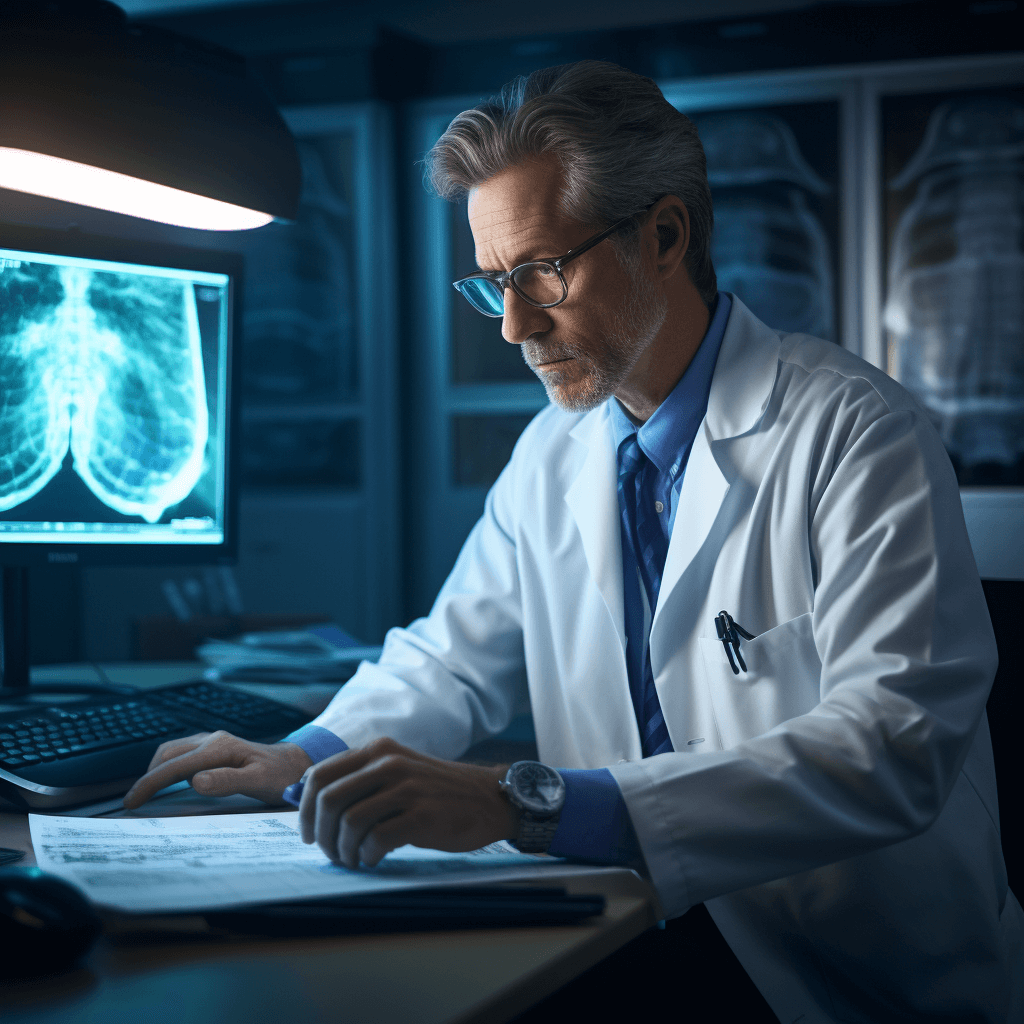 The radiologist examines the patient's esophagus and stomach fluoroscopy images in detail, analyzing the changes found.