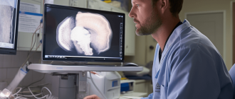 the doctor analyzes the data after upper GI fluoroscopy