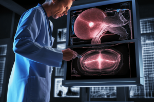 the surgeon shows images of his priestly trunk aneurysm on the patient's monitor.