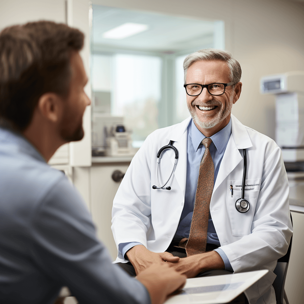 The doctor kindly explains to the patient the results of the examination and describes in detail the condition of the stomach ulcer, the causes of its occurrence and the treatment plan