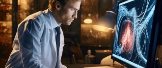 A young doctor in a white coat scrutinizing the pattern of mesenteric artery thrombosis on a monitor