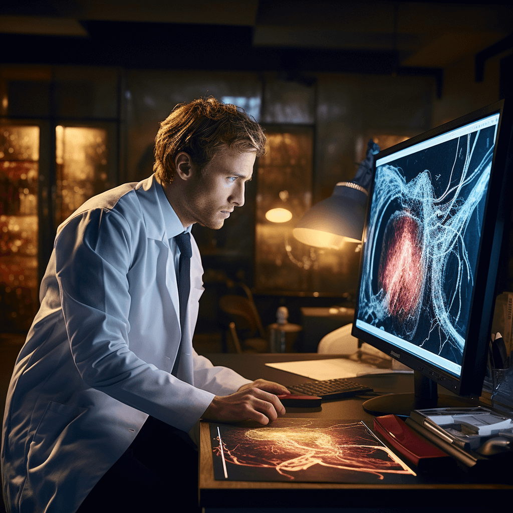 A young doctor in a white coat scrutinizing the pattern of mesenteric artery thrombosis on a monitor