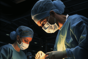 A surgeon and a masked nurse working in a brightly lit operating room