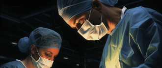 A surgeon and a masked nurse working in a brightly lit operating room