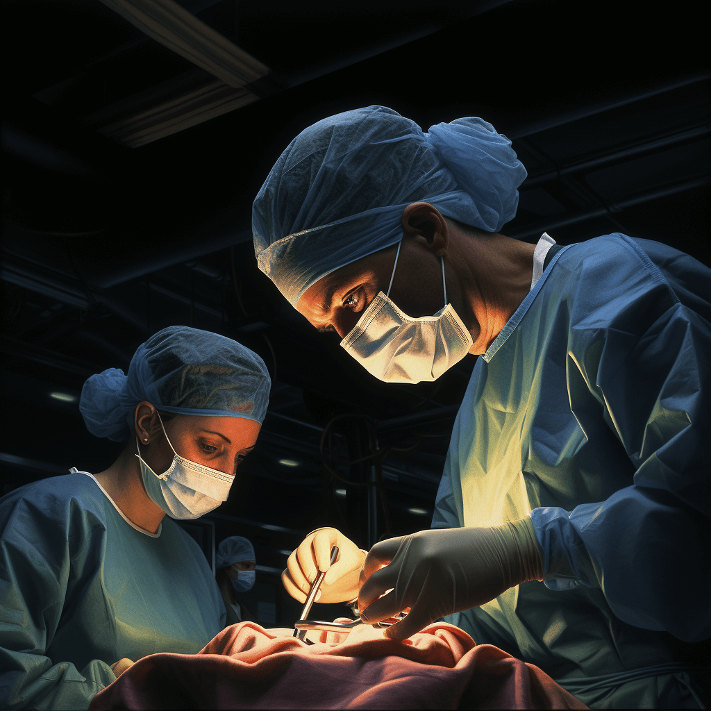 A surgeon and a masked nurse working in a brightly lit operating room