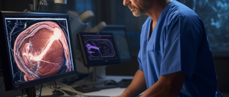 A surgeon in a gown, without a mask, intently examines a model of the mesenteric arteries on a computer screen
