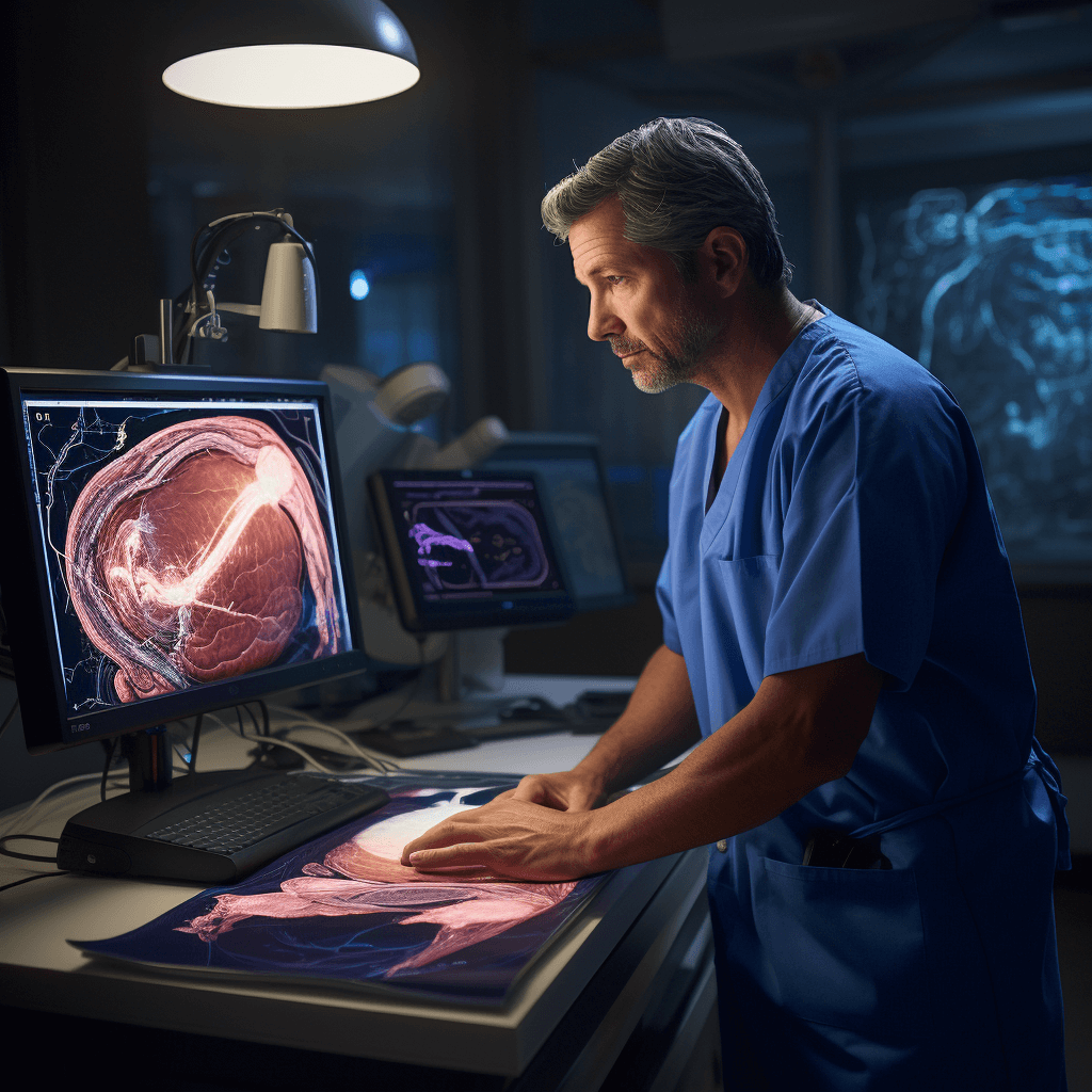 A surgeon in a gown, without a mask, intently examines a model of the mesenteric arteries on a computer screen