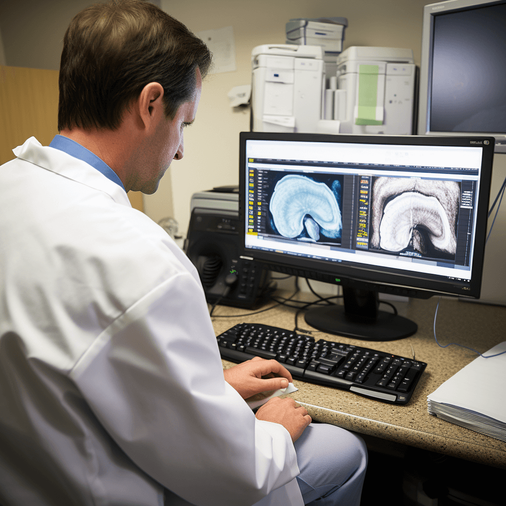 A gastroenterologist in the office examines the results of a gallbladder ultrasound of a patient with celiac disease