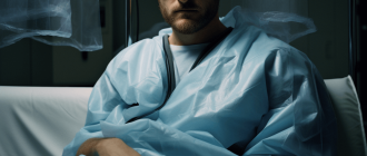 a patient in hospital clothes sitting on a couch in the X-ray diagnostics room