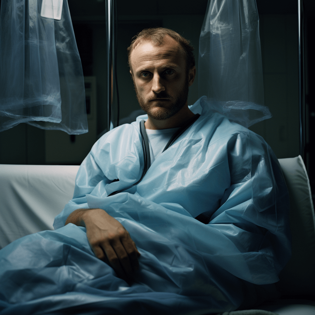 a patient in hospital clothes sitting on a couch in the X-ray diagnostics room