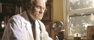 Portrait of a gastroenterologist in his office. He is sitting at his desk, looking thoughtfully into the distance through thin-rimmed glasses