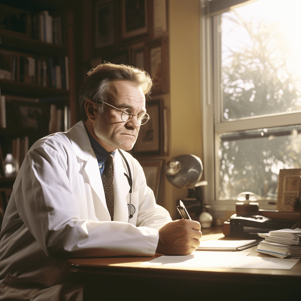 Portrait of a gastroenterologist in his office. He is sitting at his desk, looking thoughtfully into the distance through thin-rimmed glasses